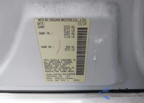 2014 Nissan Altima 2.5 S from USA, damaged, VIN 1N4AL3AP4EN363989